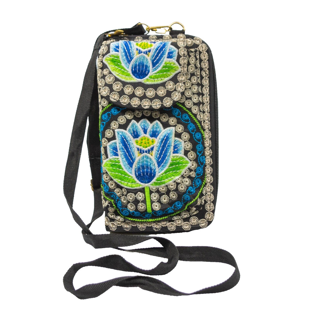 Womens Vintage Embroidered Floral Crossbody Wallet Removable Adjustable Strap